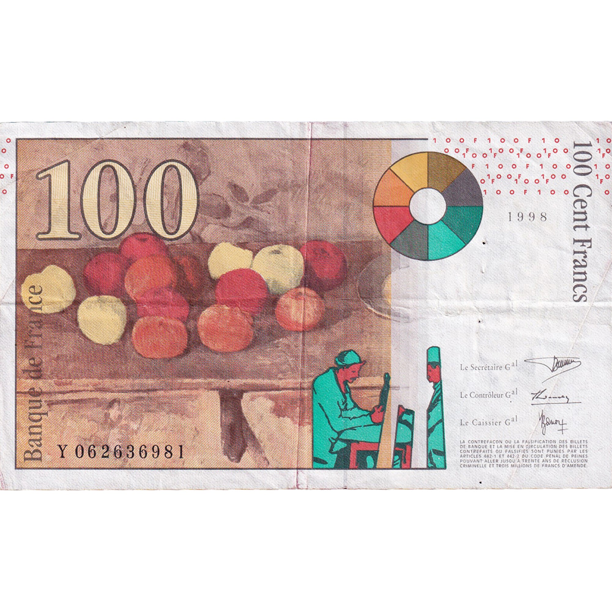 France, 100 Francs, Cézanne, 1998, Y062636981, EF(40-45), Fayette:74.02