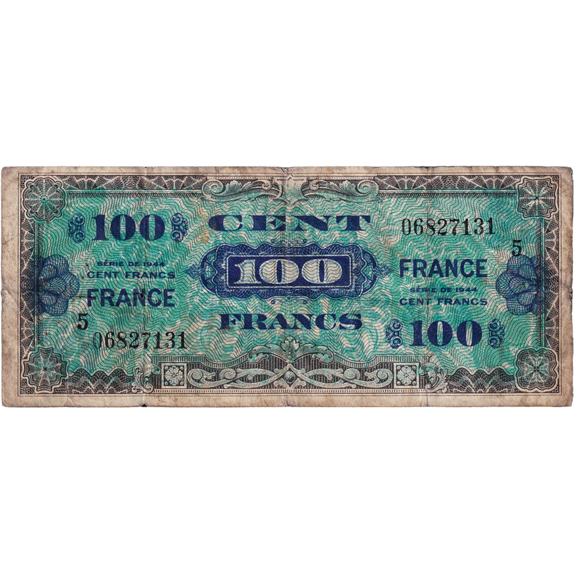 Francia, 100 Francs, Flag/France, 1944, 06827131, B, Fayette:VF25.5, KM:118a