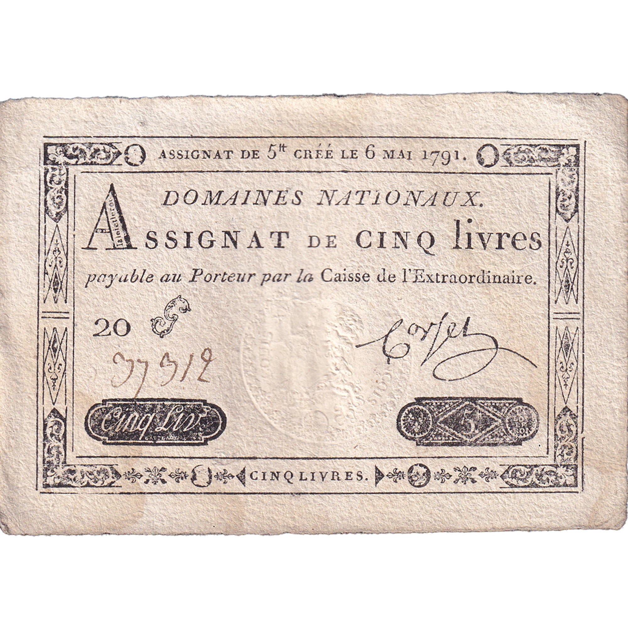 Francia, 5 Livres, 1791, SERIE 20, MBC, KM:A42, Lafaurie:137