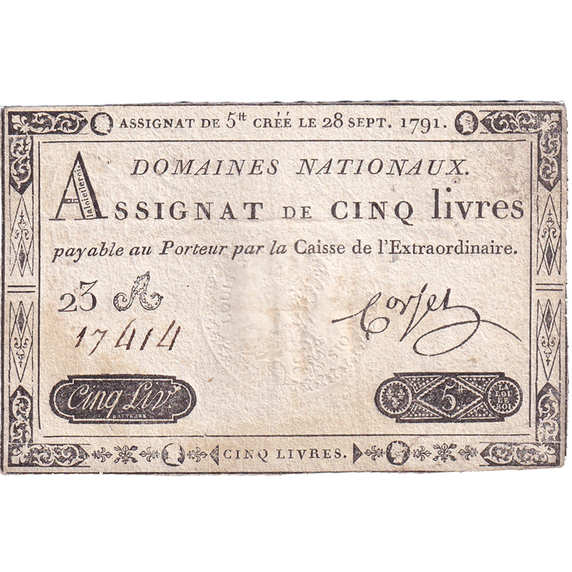 France, 5 Livres, 1791, 23A17414, VF(30-35), KM:A49, Lafaurie:144
