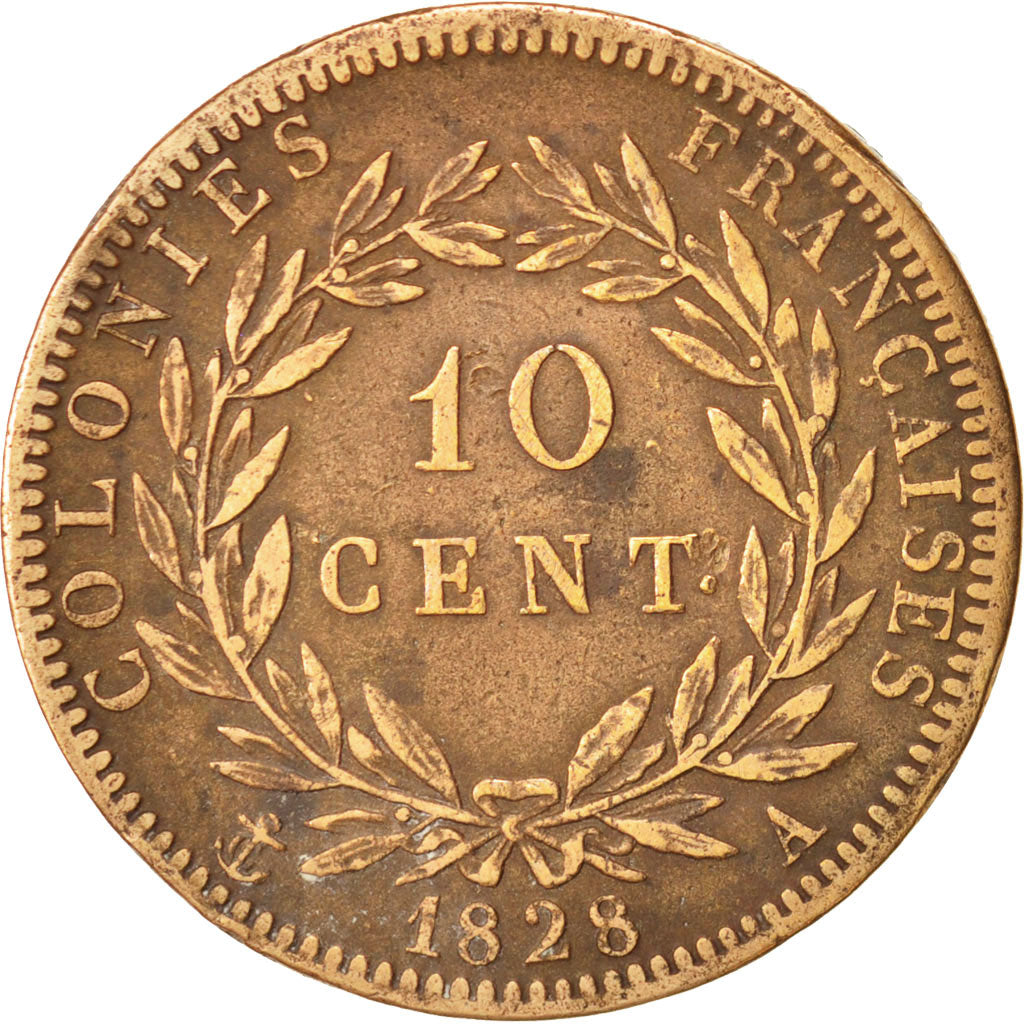FRENCH COLONIES, Charles X, 10 Centimes, 1828, Paris, VF(30-35), Bronze, KM:11.1