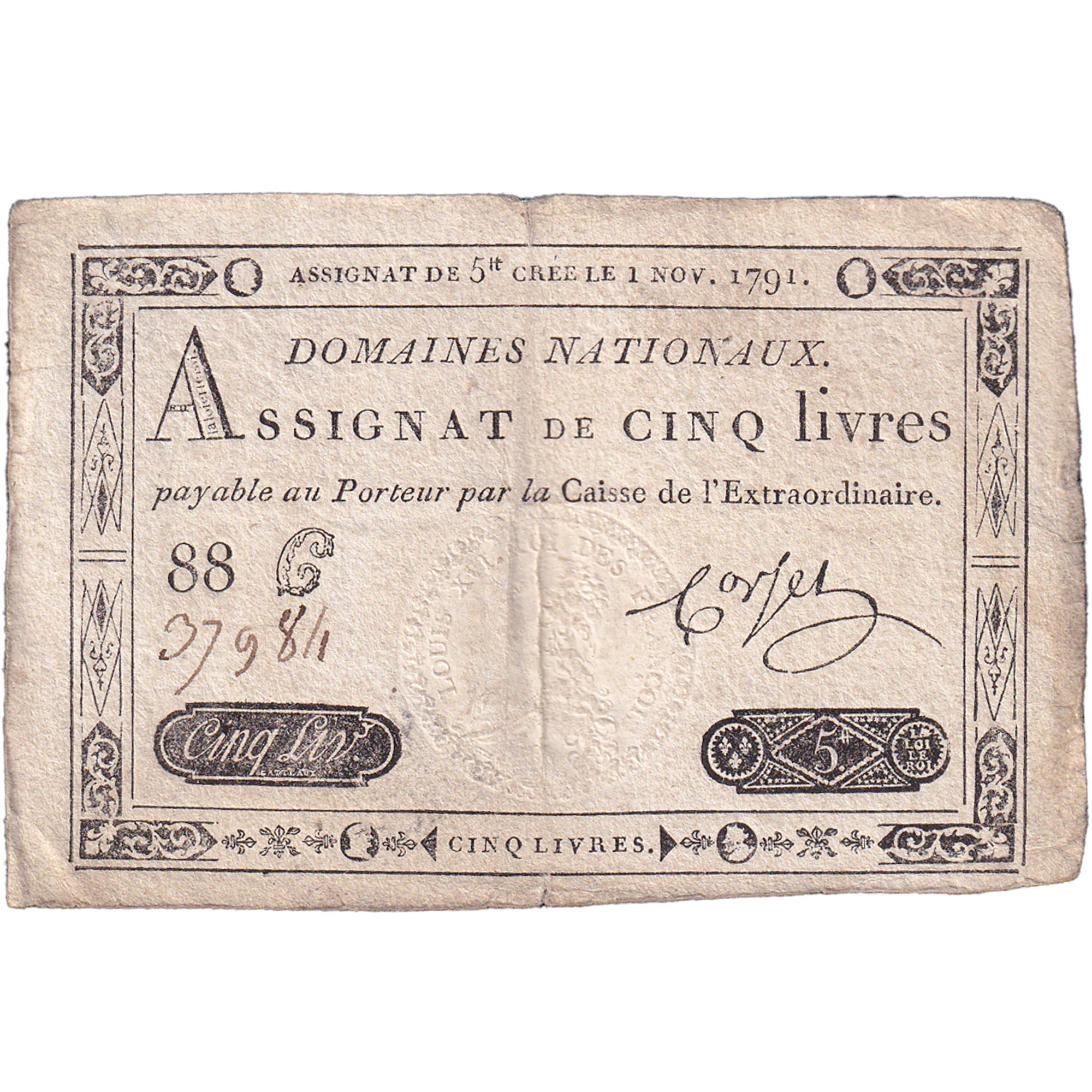Francia, 5 Livres, 1791, 88C37984, BC+, KM:A50, Lafaurie:145