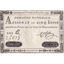 France, 5 Livres, 1792, 101E25075, VF(30-35), KM:A57, Lafaurie:152
