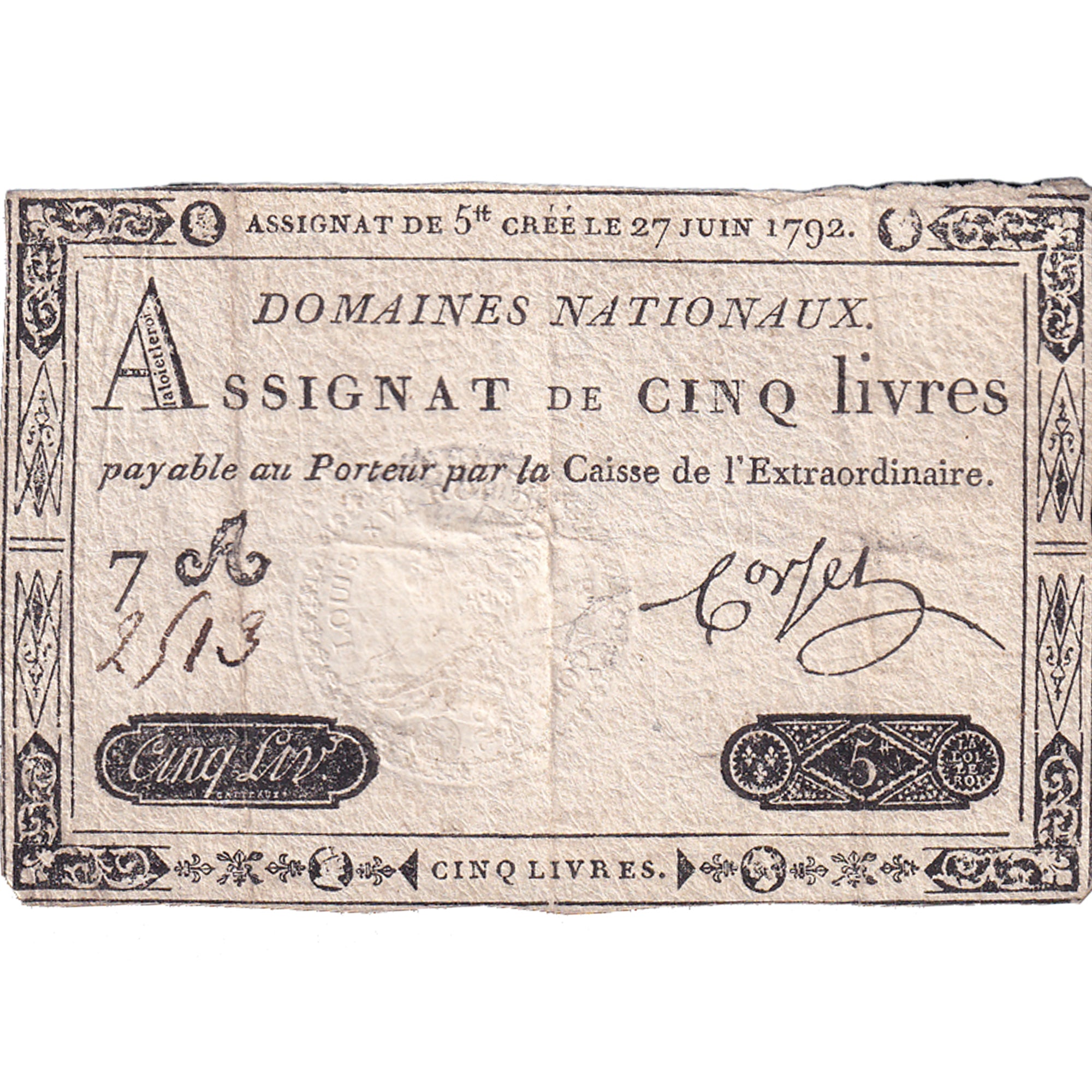 France, 5 Livres, 1792, 7A2513, EF(40-45), KM:A60, Lafaurie:155