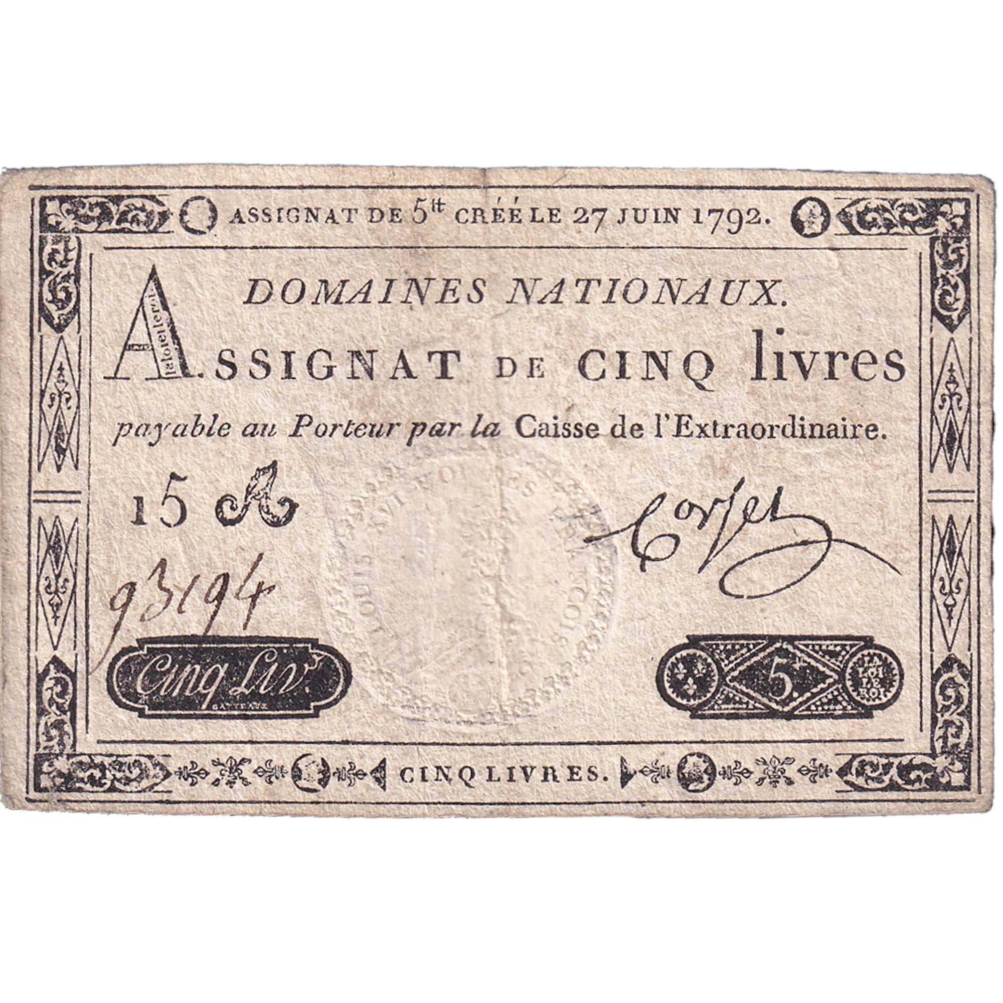 France, 5 Livres, 1792, 15A93194, EF(40-45), KM:A60, Lafaurie:155