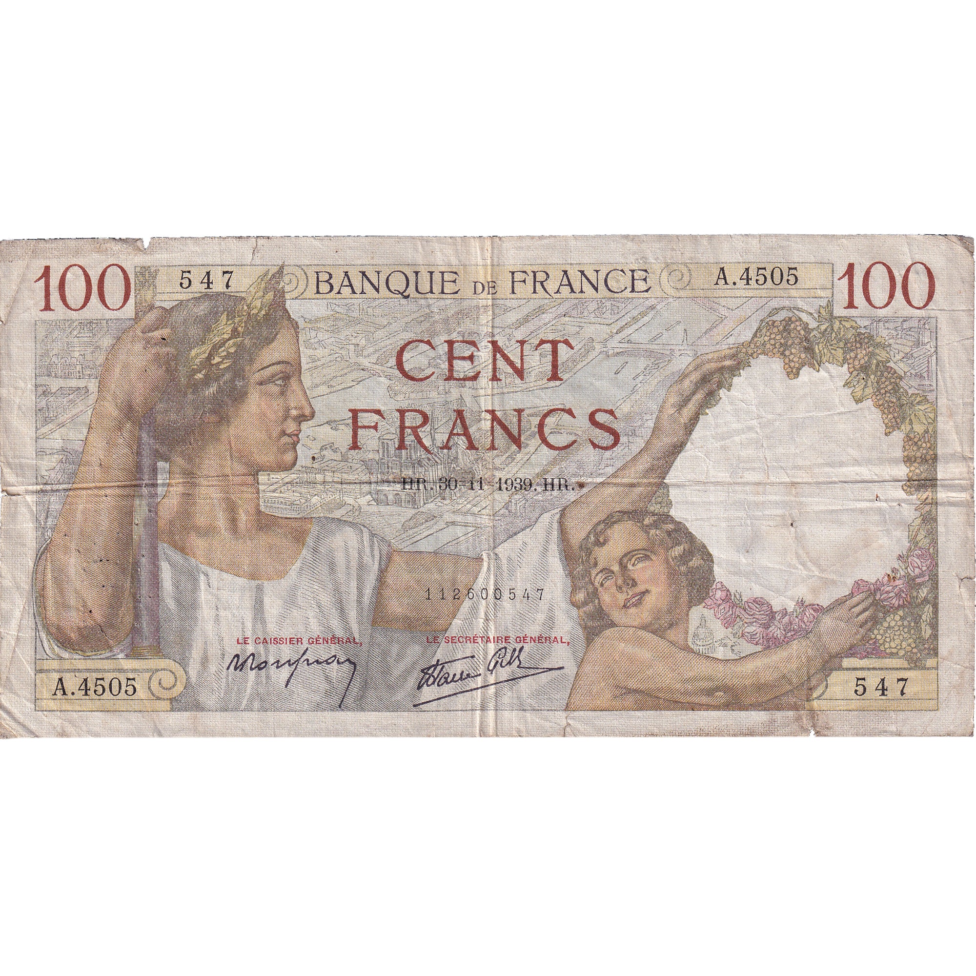 France, 100 Francs, Sully, 1939, A.4505, VG(8-10), Fayette:26.16, KM:94