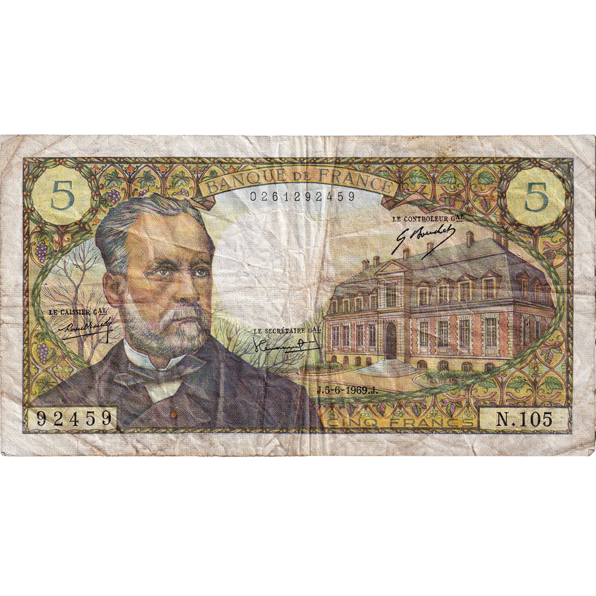 France, 5 Francs, Pasteur, 1969, N.105, TB, Fayette:61.10, KM:146b
