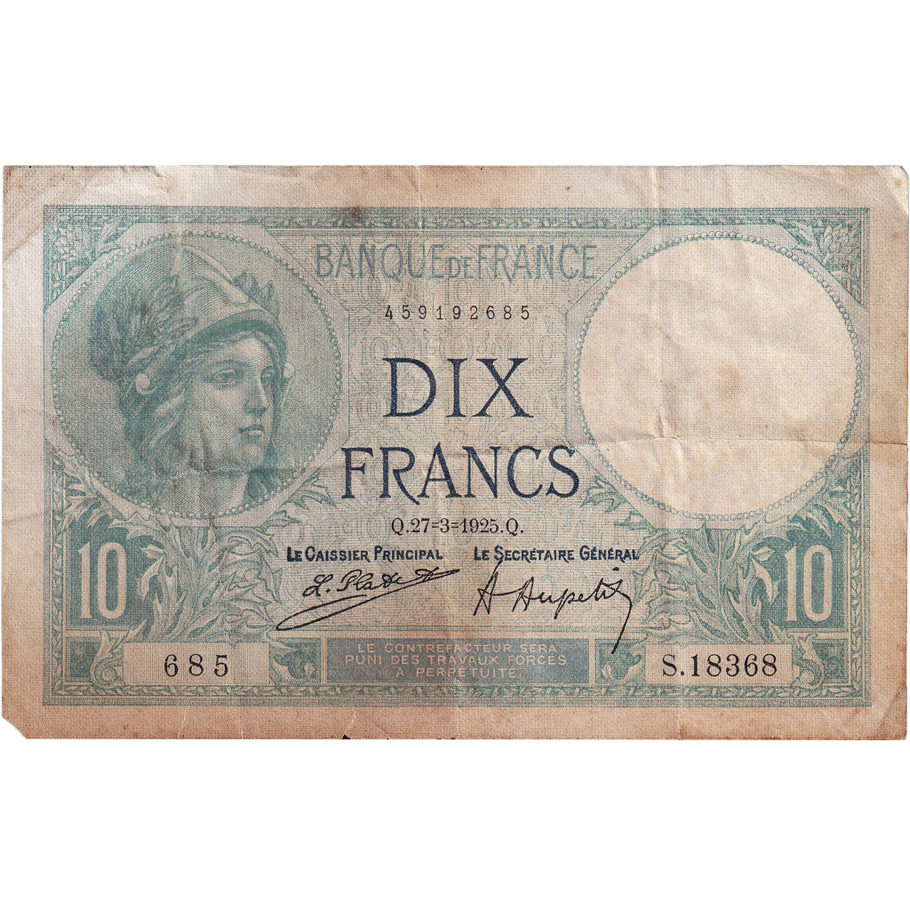 França, 10 Francs, Minerve, 1925, S.18368, VF(20-25), Fayette:6.9, KM:73c