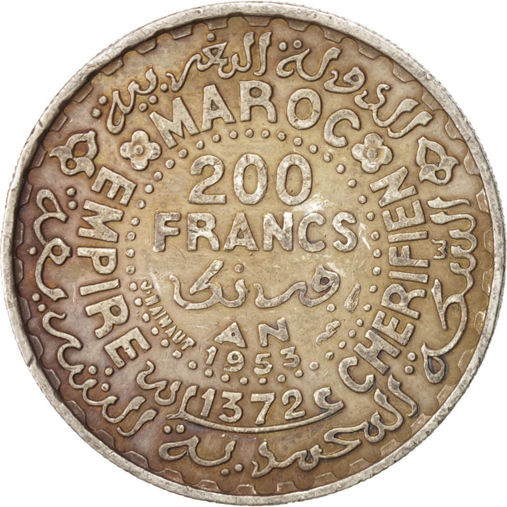 Morocco, Mohammed V, 200 Francs, 1953, Paris, EF(40-45), Silver, KM:53