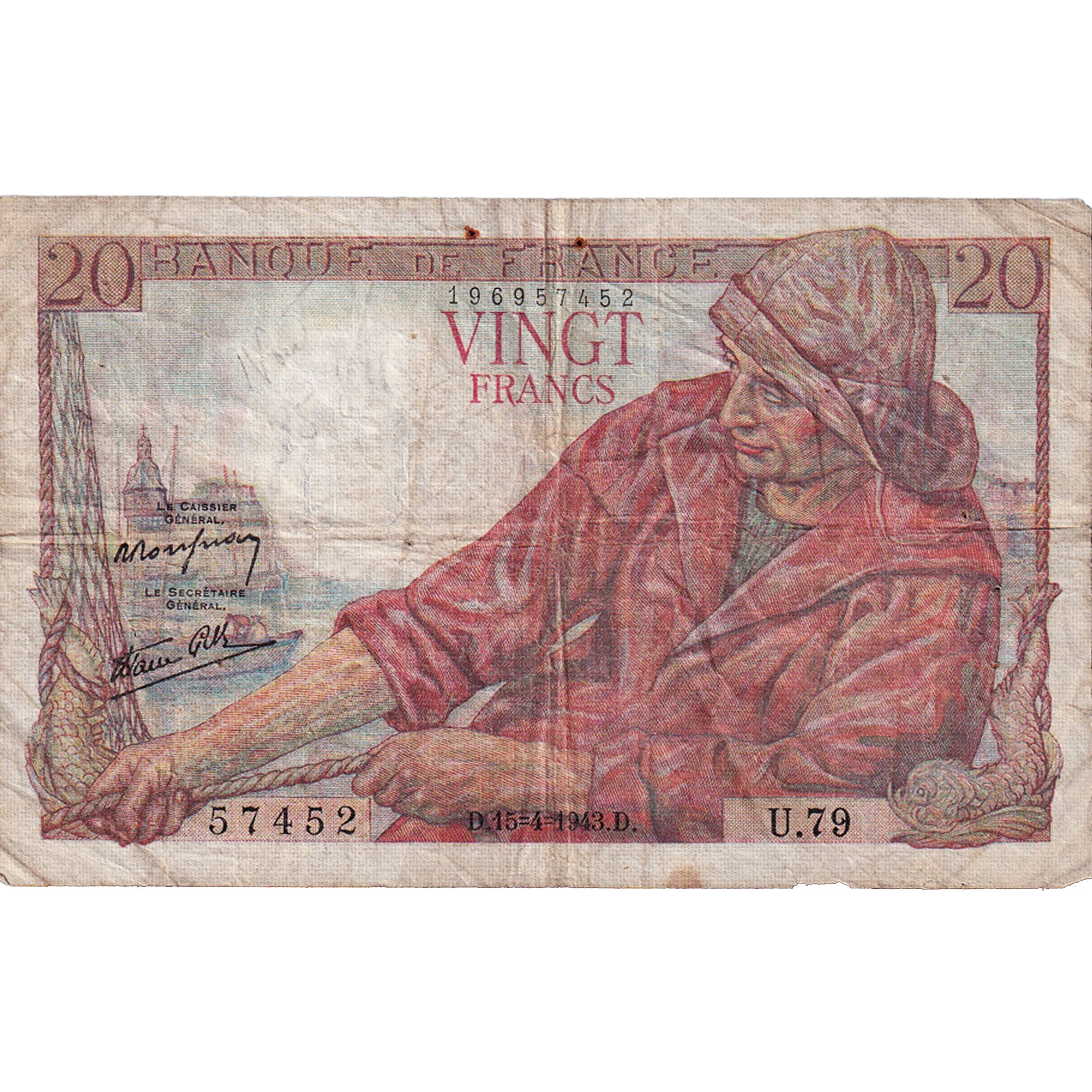 Frankrijk, 20 Francs, Pêcheur, 1943, U.79, TB, Fayette:13.6, KM:100a