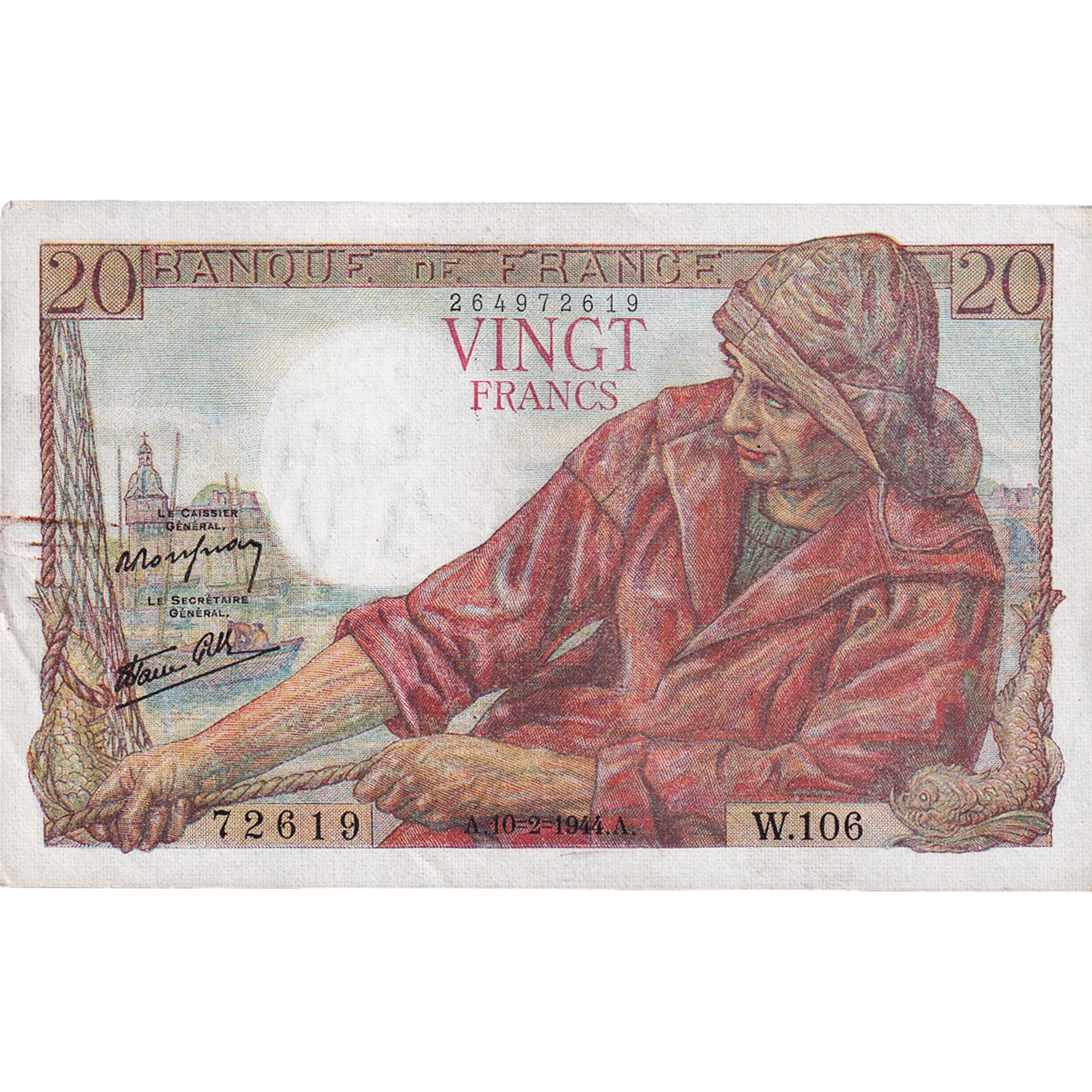 France, 20 Francs, Pêcheur, 1944, W.106, VF(20-25), Fayette:13.8, KM:100a