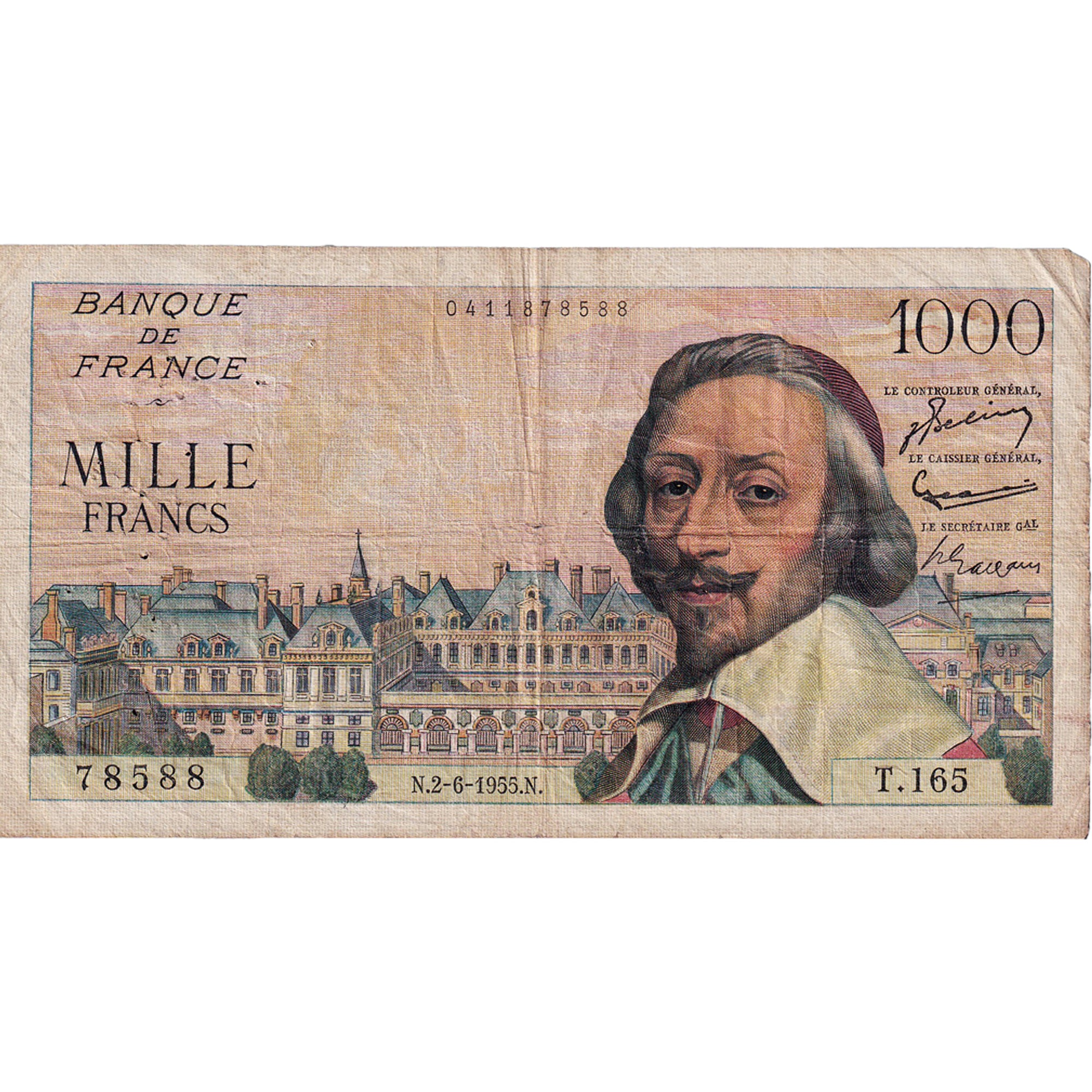 França, 1000 Francs, Richelieu, 1955, T.165, EF(40-45), Fayette:42.14, KM:134a