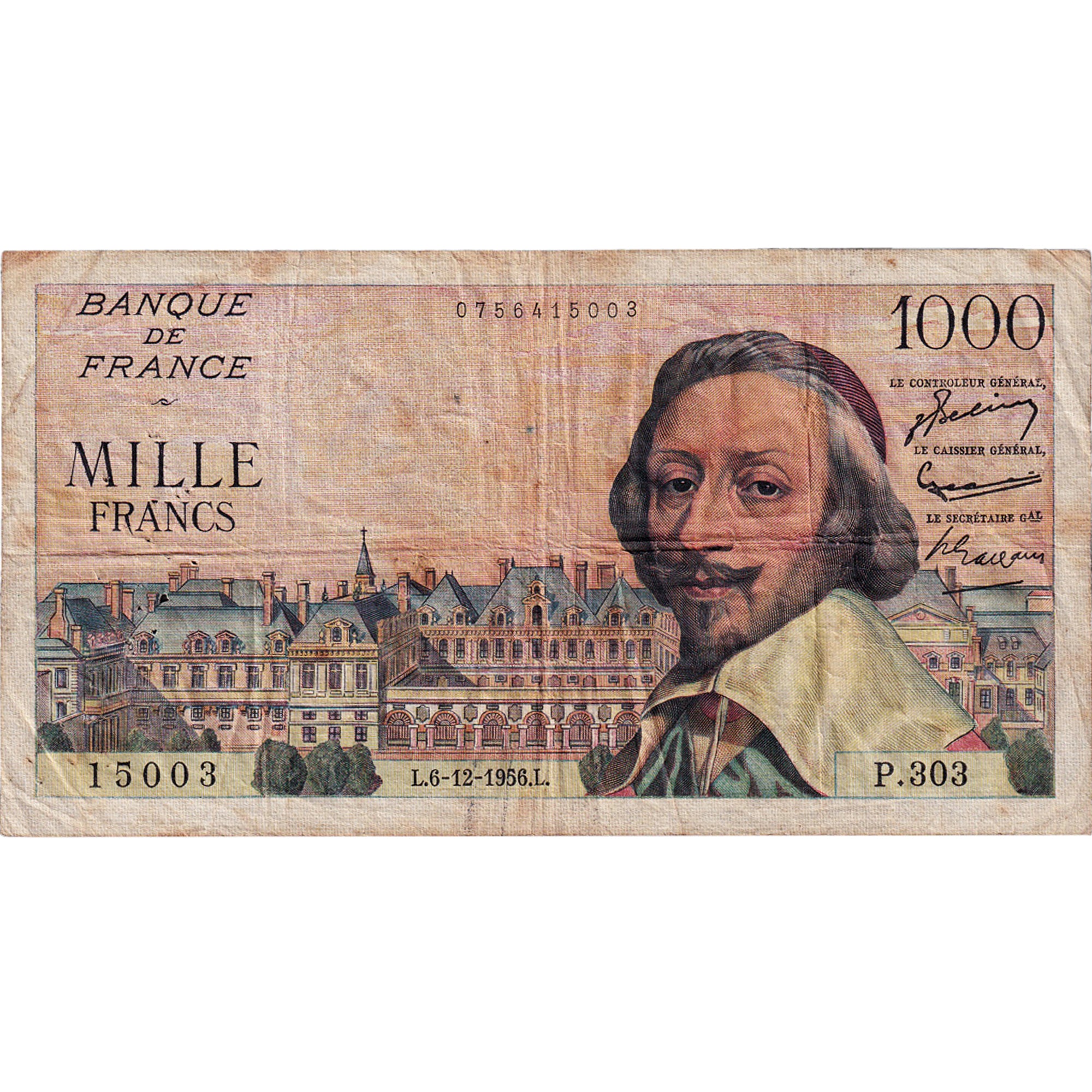 Francia, 1000 Francs, Richelieu, 1956, P.303, MB+, Fayette:42.24, KM:134a