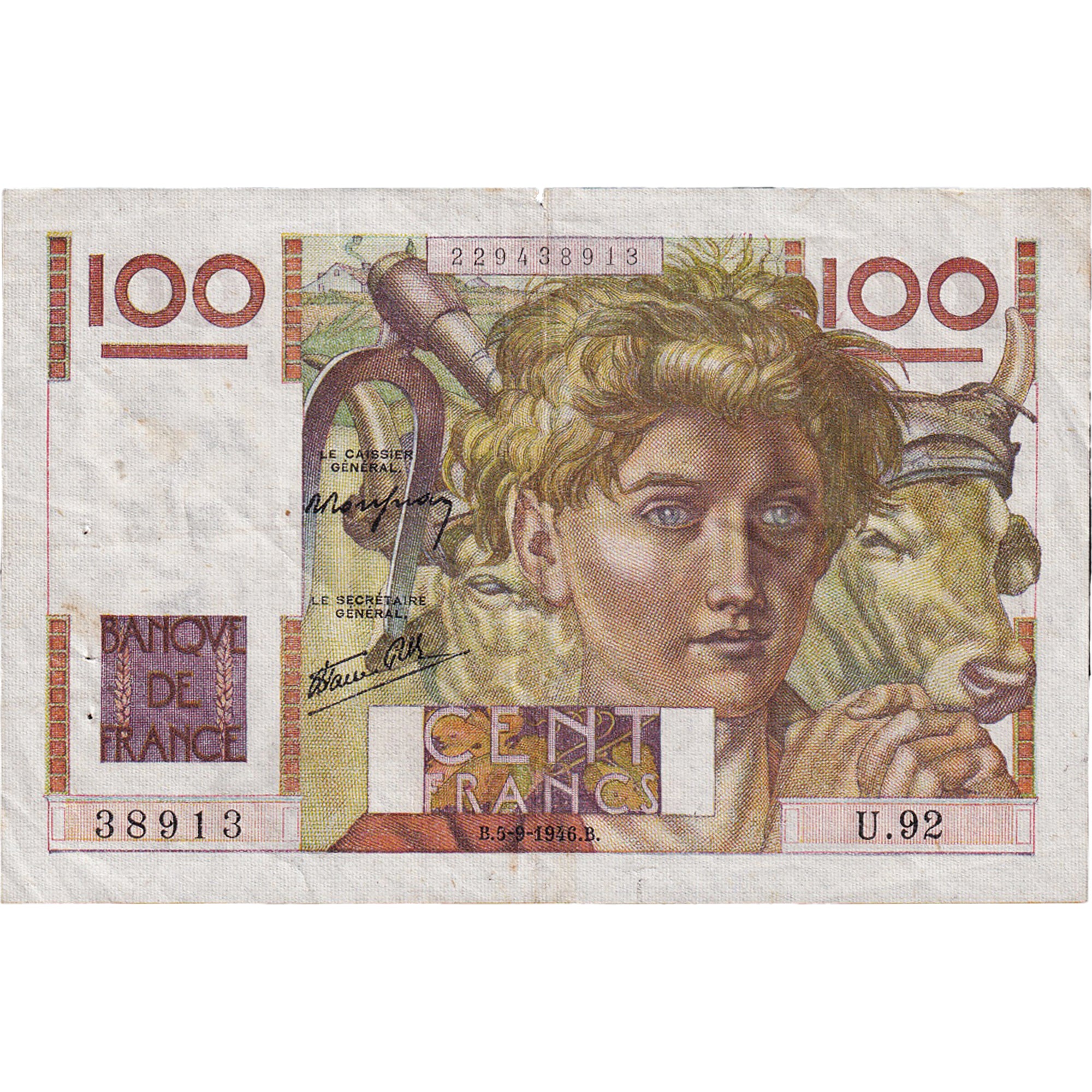 Francia, 100 Francs, Jeune Paysan, 1946, U.92, BB, Fayette:28.8, KM:128a