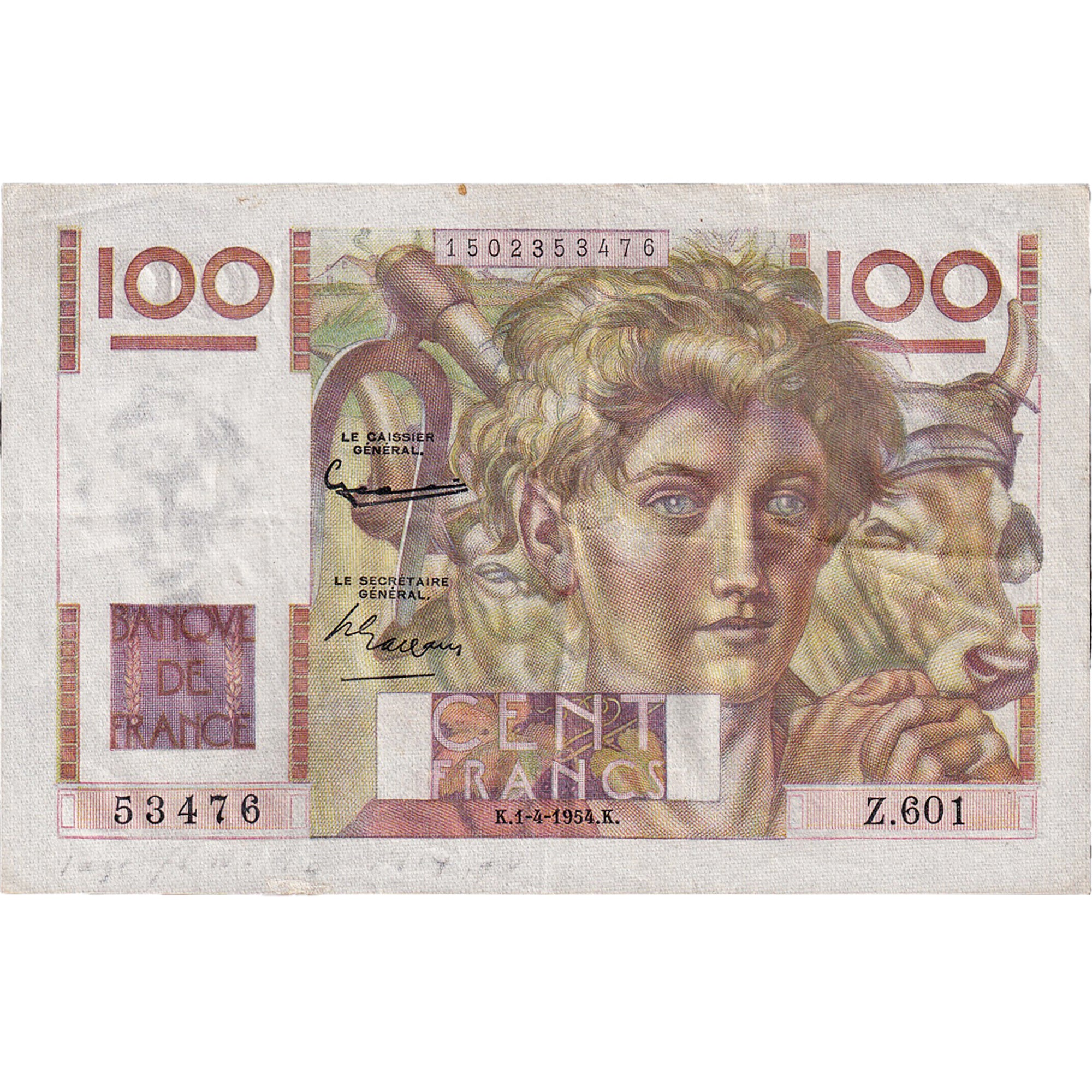 Francia, 100 Francs, Jeune Paysan, 1954, Z.601, BB, Fayette:28.43, KM:128d
