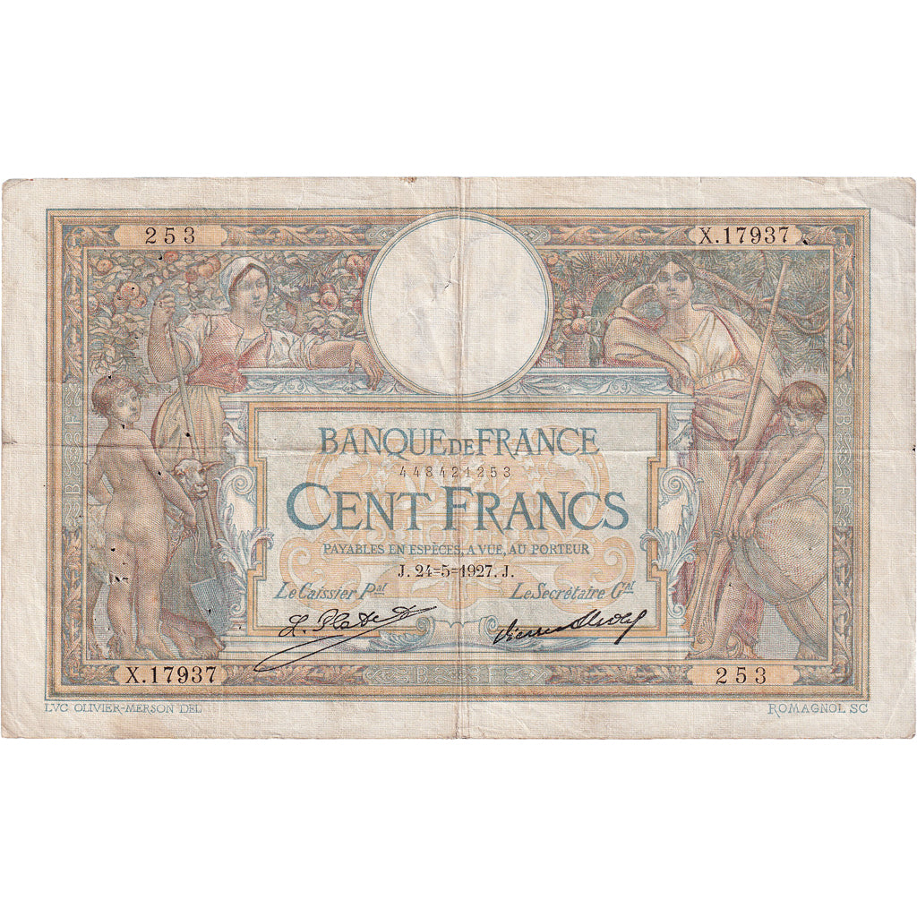 Francja, 100 Francs, Luc Olivier Merson, 1927, X.17937, EF(40-45), Fayette:24.6