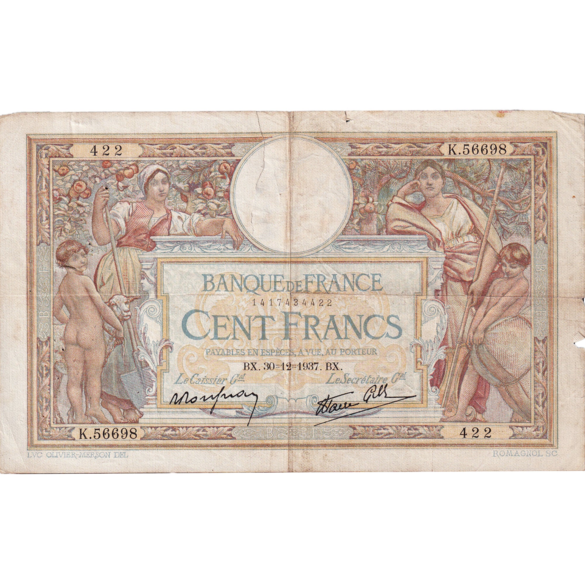 Francja, 100 Francs, Luc Olivier Merson, 1937, K.56698, EF(40-45), Fayette:25.7