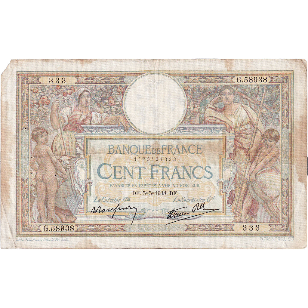 France, 100 Francs, Luc Olivier Merson, 1938, G.58938, TB, Fayette:25.17, KM:86b