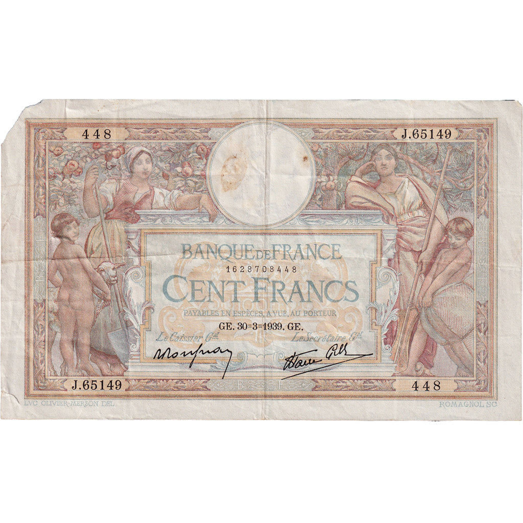 França, 100 Francs, Luc Olivier Merson, 1939, J.65149, VF(20-25)