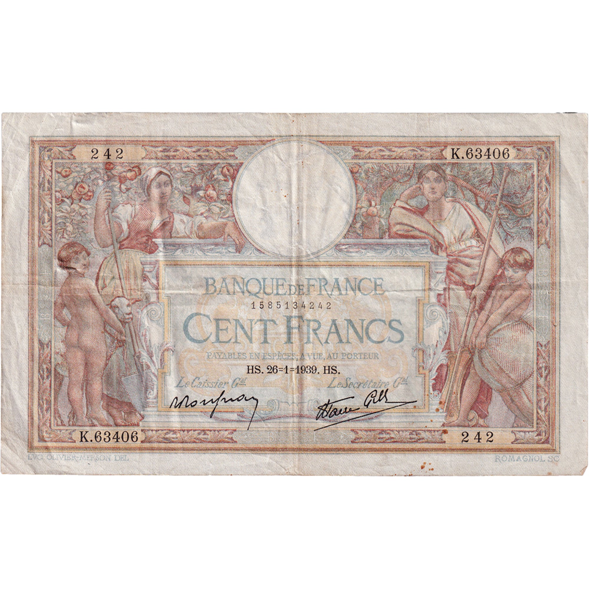 Francia, 100 Francs, Luc Olivier Merson, 1939, K.63406, BB, Fayette:25.40