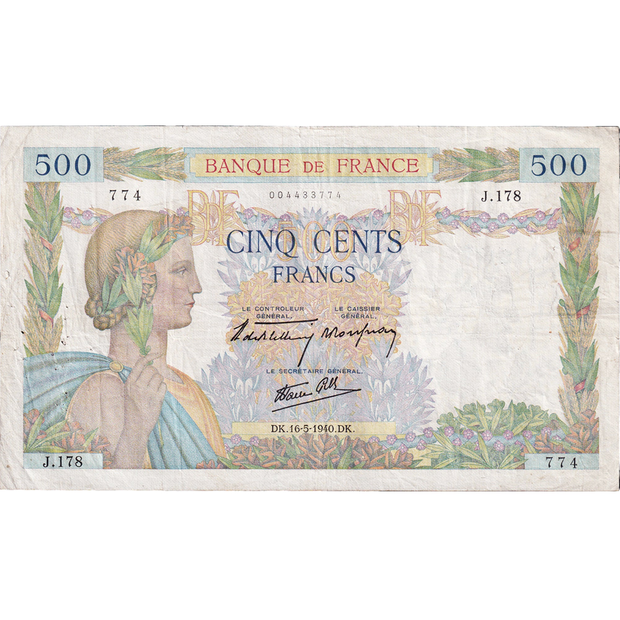 France, 500 Francs, La Paix, 1940, J.178, EF(40-45), Fayette:32.2, KM:95b