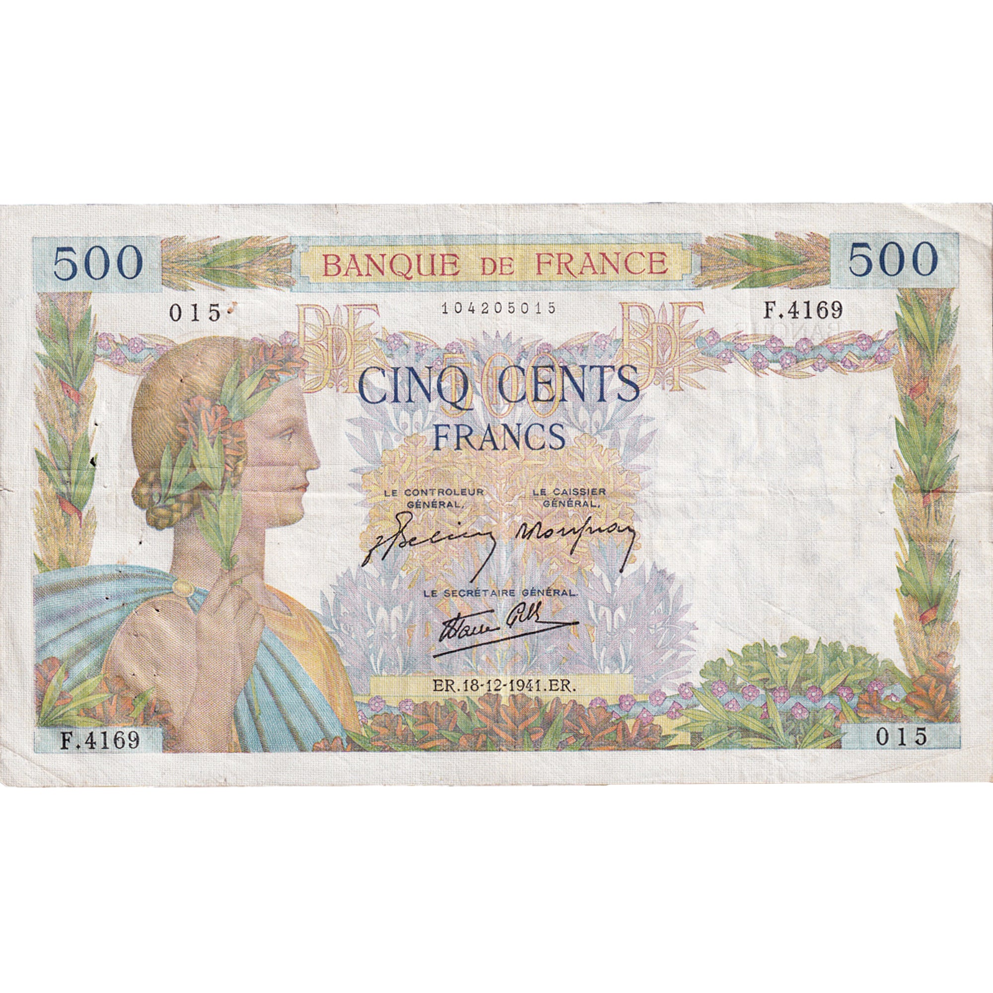 France, 500 Francs, La Paix, 1941, F.4169, EF(40-45), Fayette:32.25, KM:95b