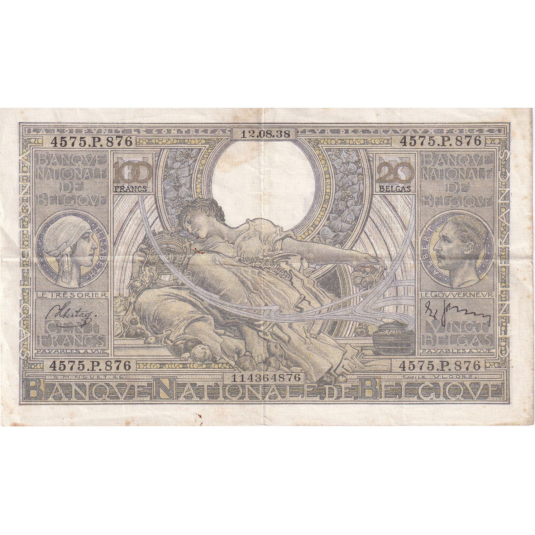 Banknote, Belgium, 100 Francs-20 Belgas, 1938, 1938-08-12, KM:107, EF(40-45)