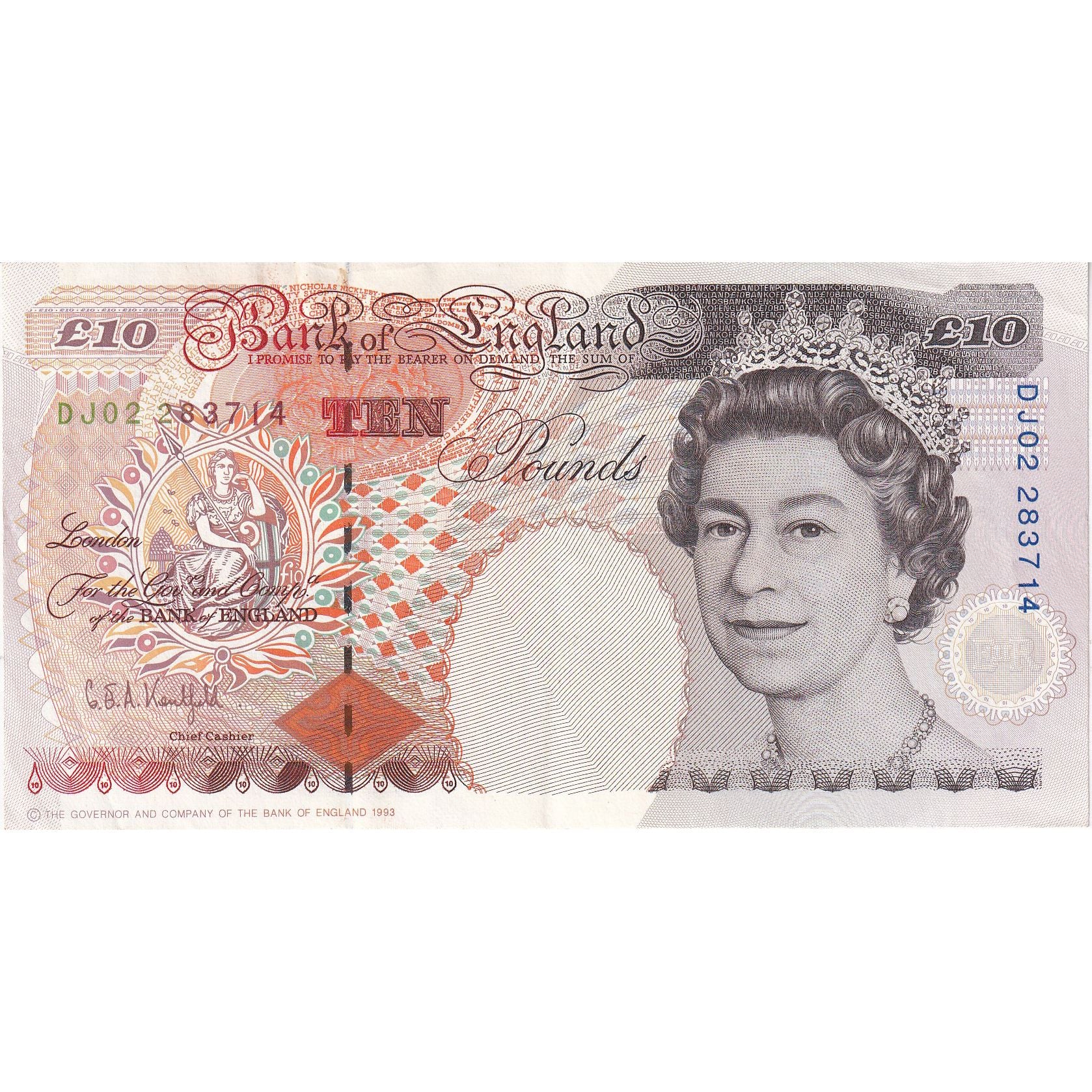 Great Britain, 10 Pounds, KM:386b, EF(40-45)