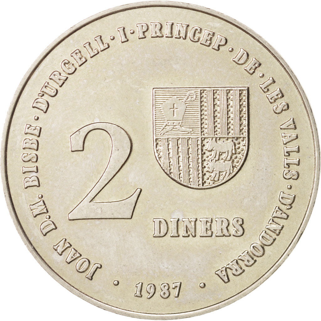 Andorra, 2 Diners, 1987, AU(55-58), Copper-nickel, KM:46.1