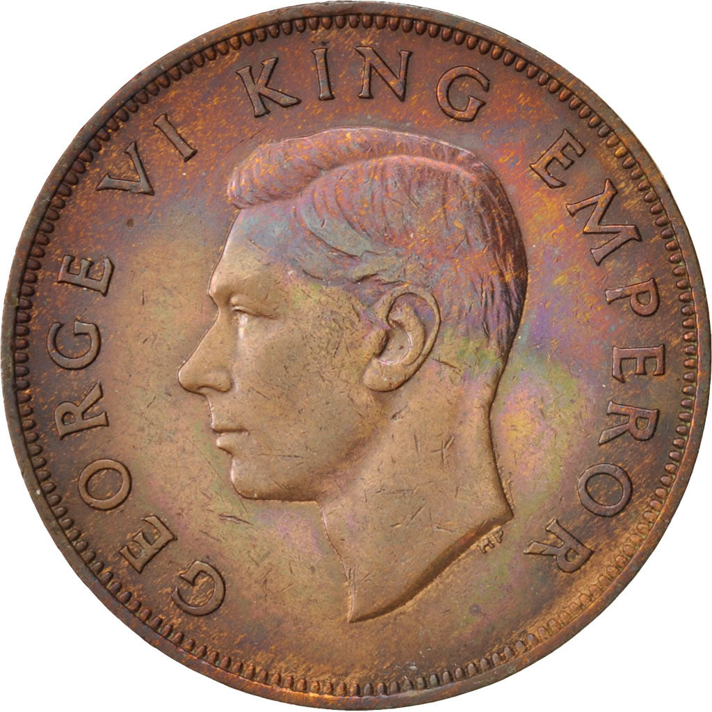 New Zealand, George VI, Penny, 1947, AU(55-58), Bronze, KM:13