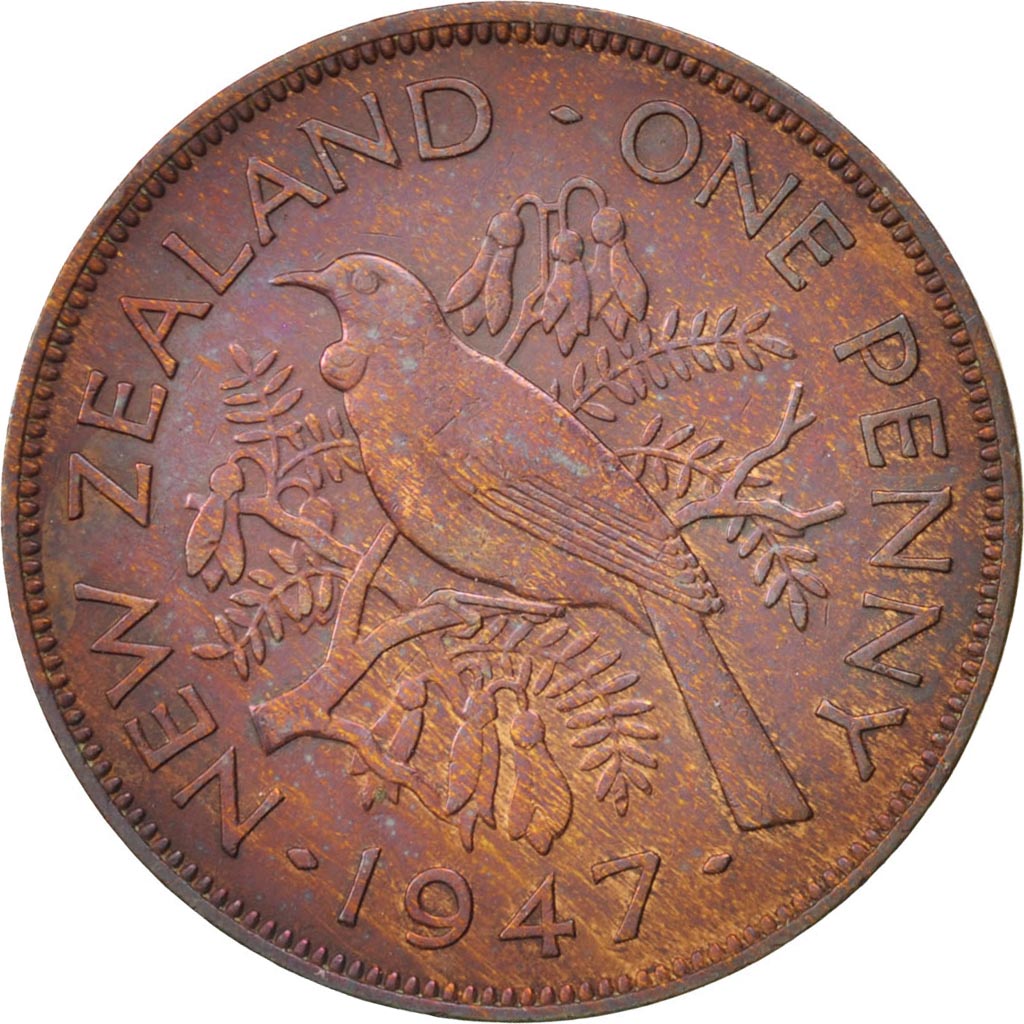New Zealand, George VI, Penny, 1947, AU(55-58), Bronze, KM:13