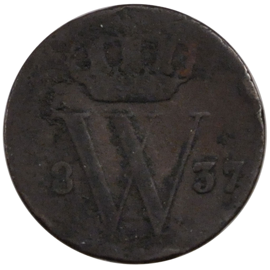 NETHERLANDS, 1/2 Cent, 1837, KM #51, VF(20-25), Copper, 16, 1.80