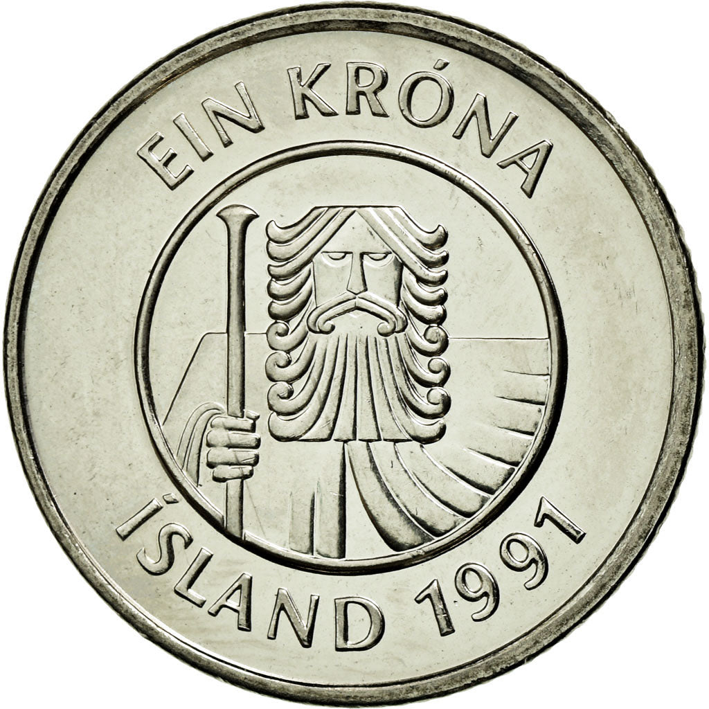 Coin, Iceland, Krona, 1991, MS(60-62), Nickel plated steel, KM:27A