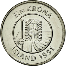 Coin, Iceland, Krona, 1991, MS(60-62), Nickel plated steel, KM:27A