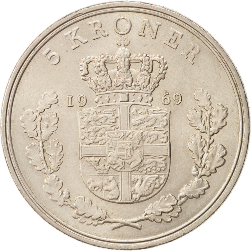 Denmark, Frederik IX, 5 Kroner, 1969,Copenhagen,AU(55-58),Copper-nickel,KM 853.1