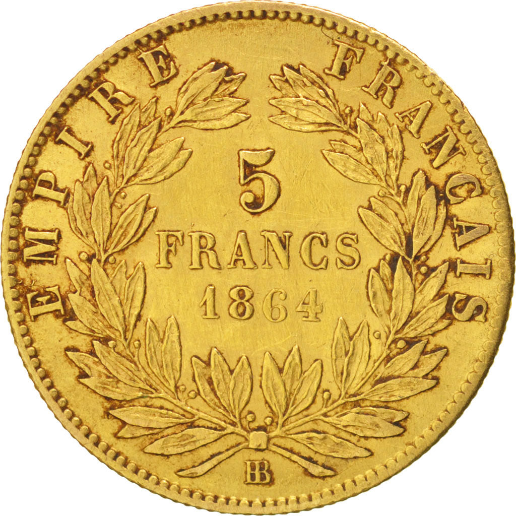 France, Napoleon III, 5 Francs, 1864, Strasbourg, EF(40-45), KM 803.2
