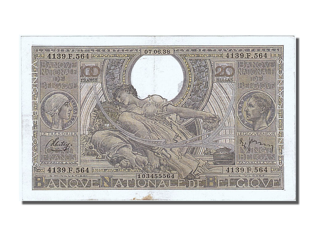 Banknote, Belgium, 100 Francs-20 Belgas, 1938, 1938-06-07, AU(50-53)