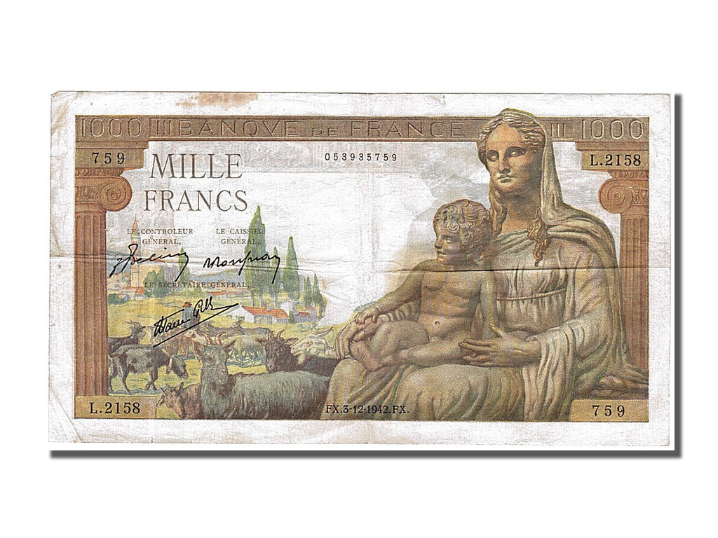 France, 1000 Francs, 1 000 F 1942-1943 ''Déesse Déméter'', 1942, KM #102, 194...