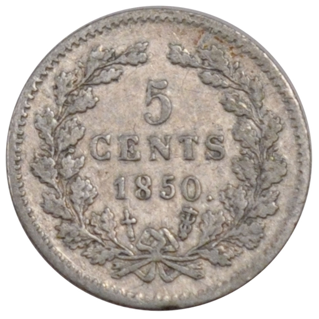 NETHERLANDS, 5 Cents, 1850, KM #91, AU(50-53), Silver, 12.5, 0.66