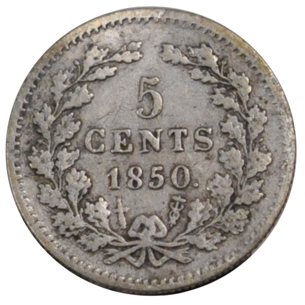 NETHERLANDS, 5 Cents, 1850, KM #91, EF(40-45), Silver, 12.5, 0.67