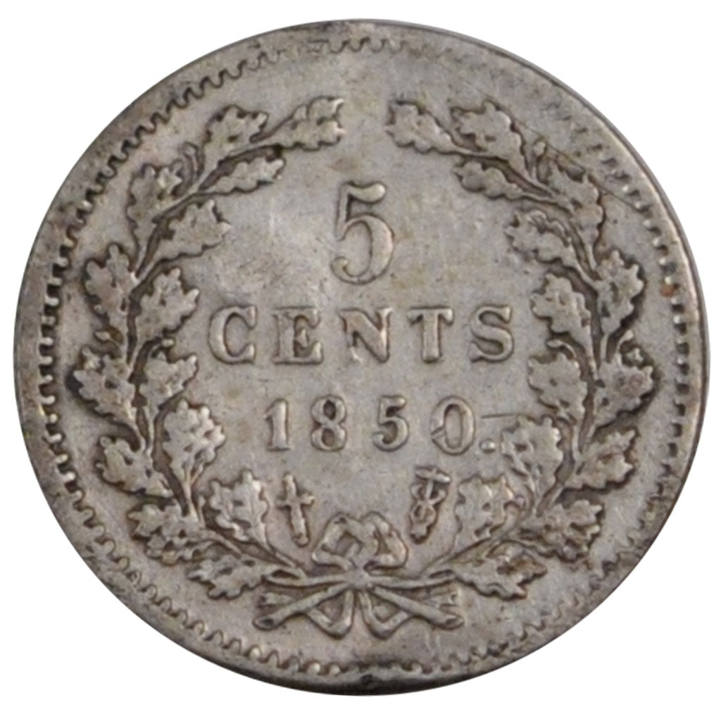 NETHERLANDS, 5 Cents, 1850, KM #91, VF(30-35), Silver, 12.5, 0.67