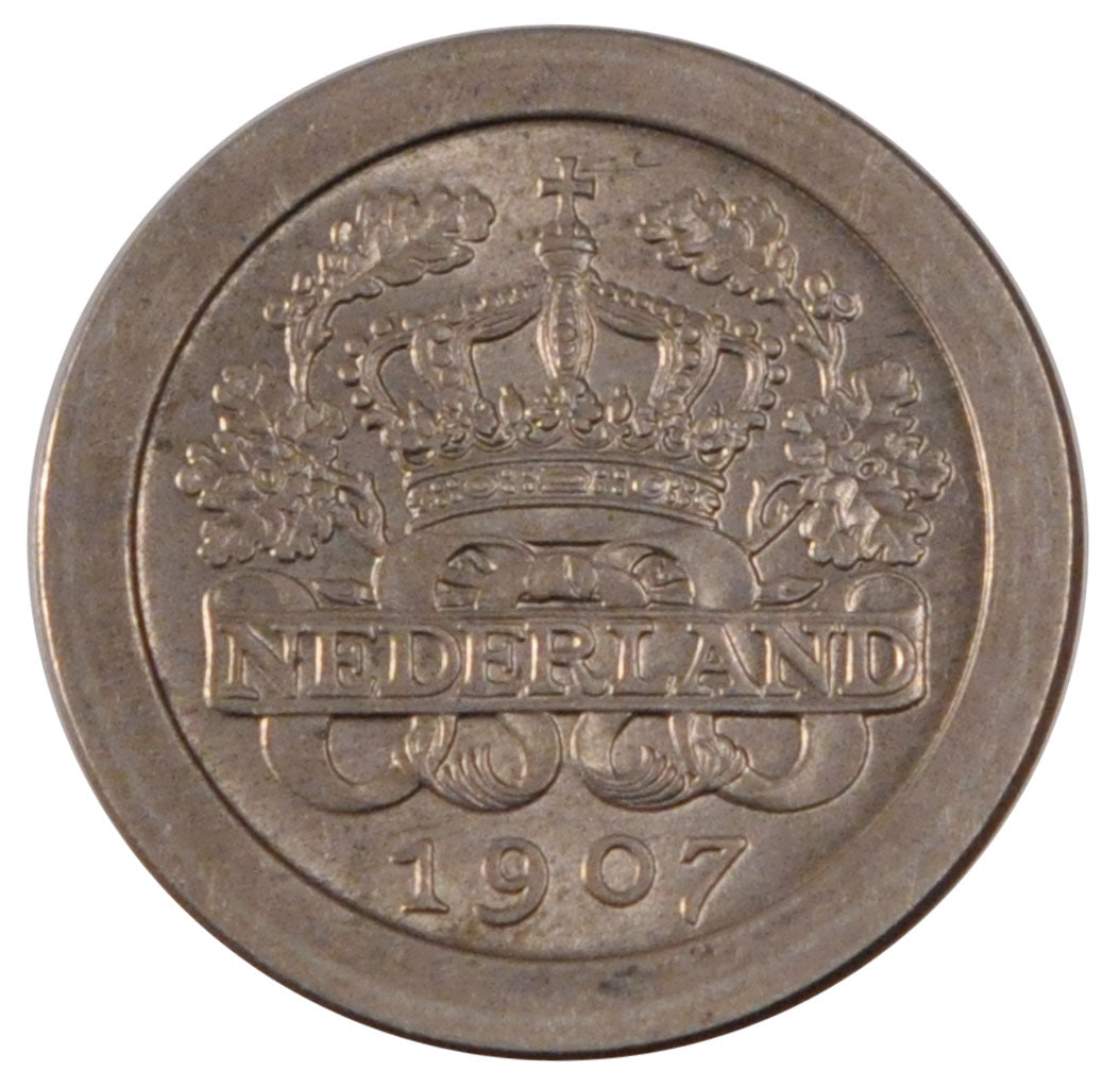 NETHERLANDS, 5 Cents, 1907, KM #137, AU(55-58), Copper-Nickel, 12, 4.50