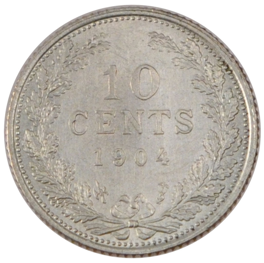 NETHERLANDS, 10 Cents, 1904, KM #136, AU(55-58), Silver, 15, 1.40