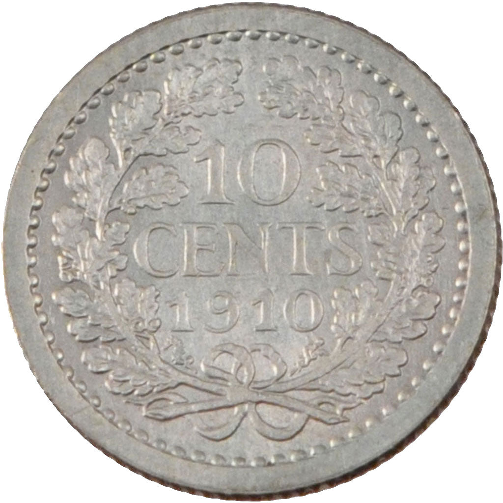 NETHERLANDS, 10 Cents, 1910, KM #145, AU(55-58), Silver, 15, 1.40