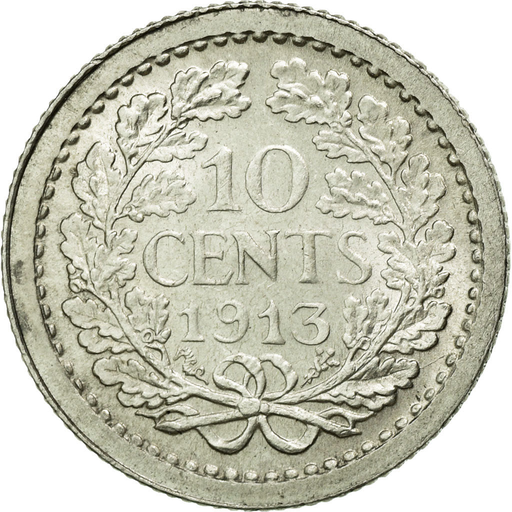 Coin, Netherlands, Wilhelmina I, 10 Cents, 1913, MS(60-62), Silver, KM:145