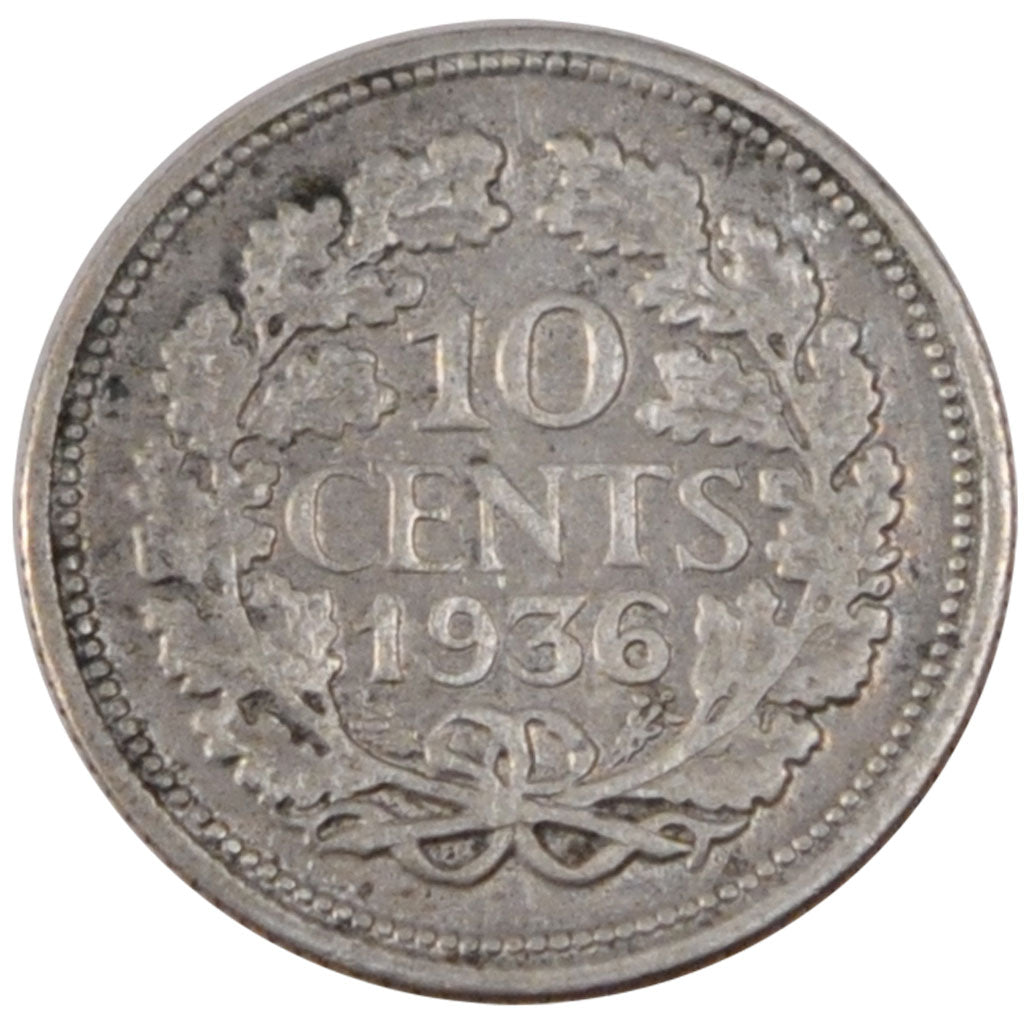 NETHERLANDS, 10 Cents, 1936, KM #163, VF(20-25), Silver, 15, 1.42