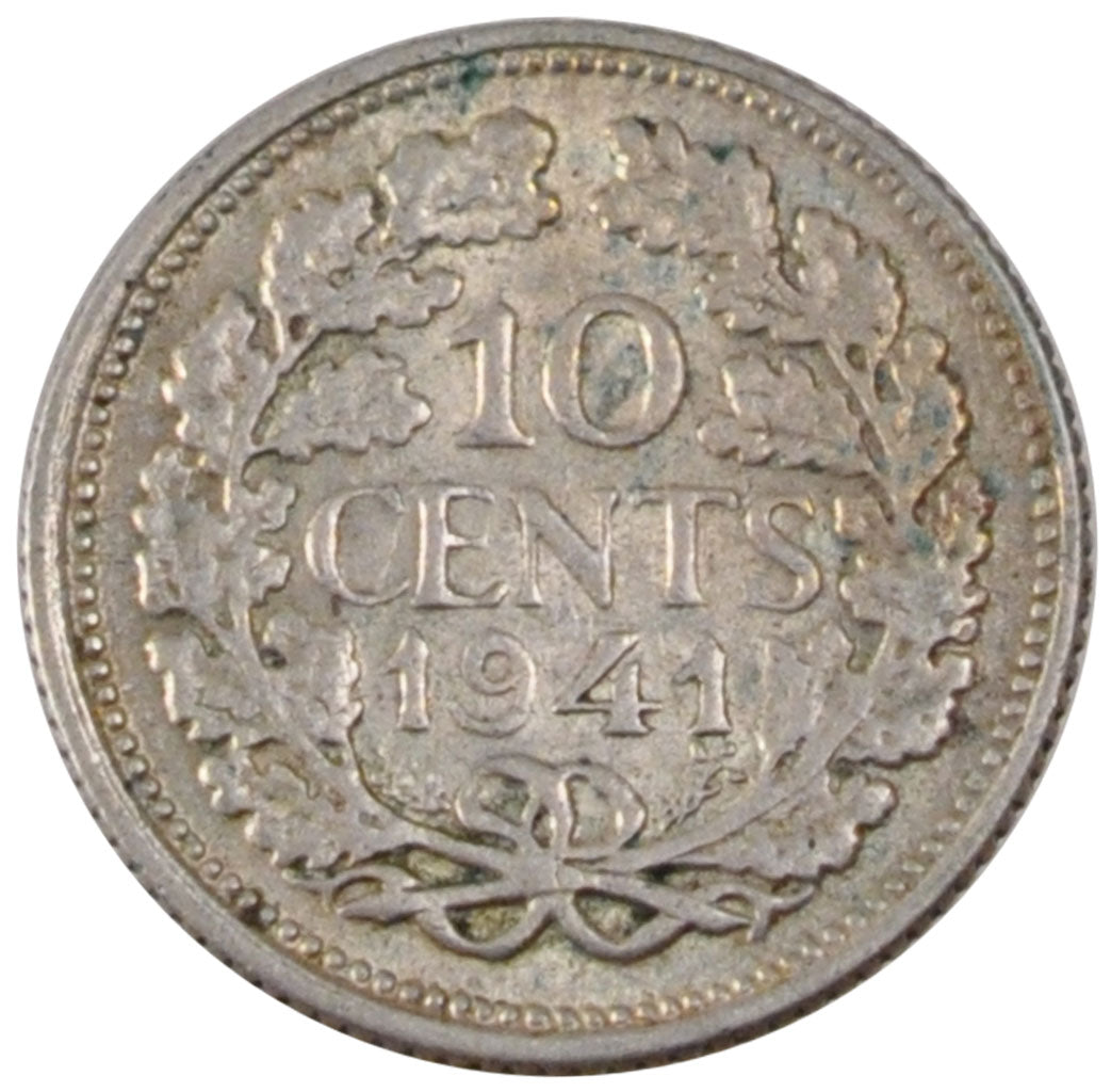 NETHERLANDS, 10 Cents, 1941, KM #163, EF(40-45), Silver, 15, 1.45