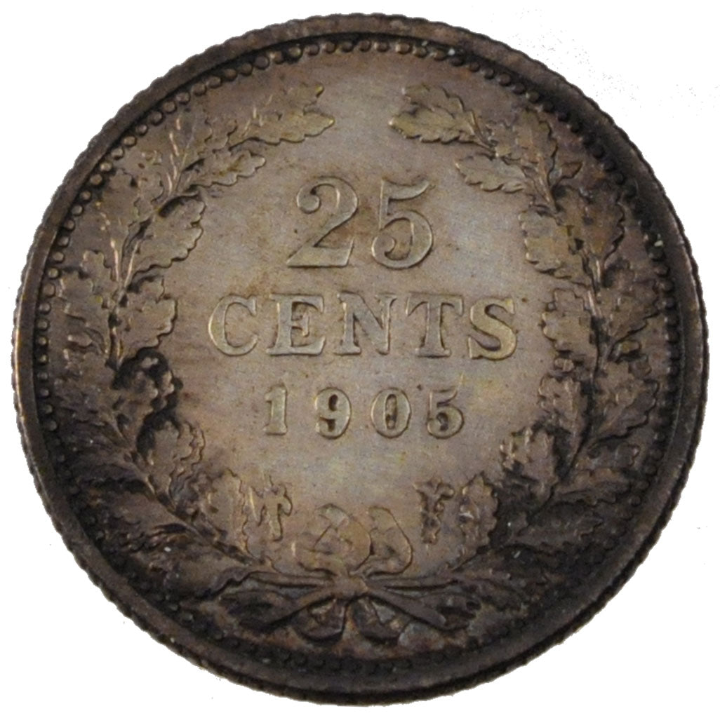 NETHERLANDS, 25 Cents, 1905, KM #120.2, VF(30-35), Silver, 19, 3.53
