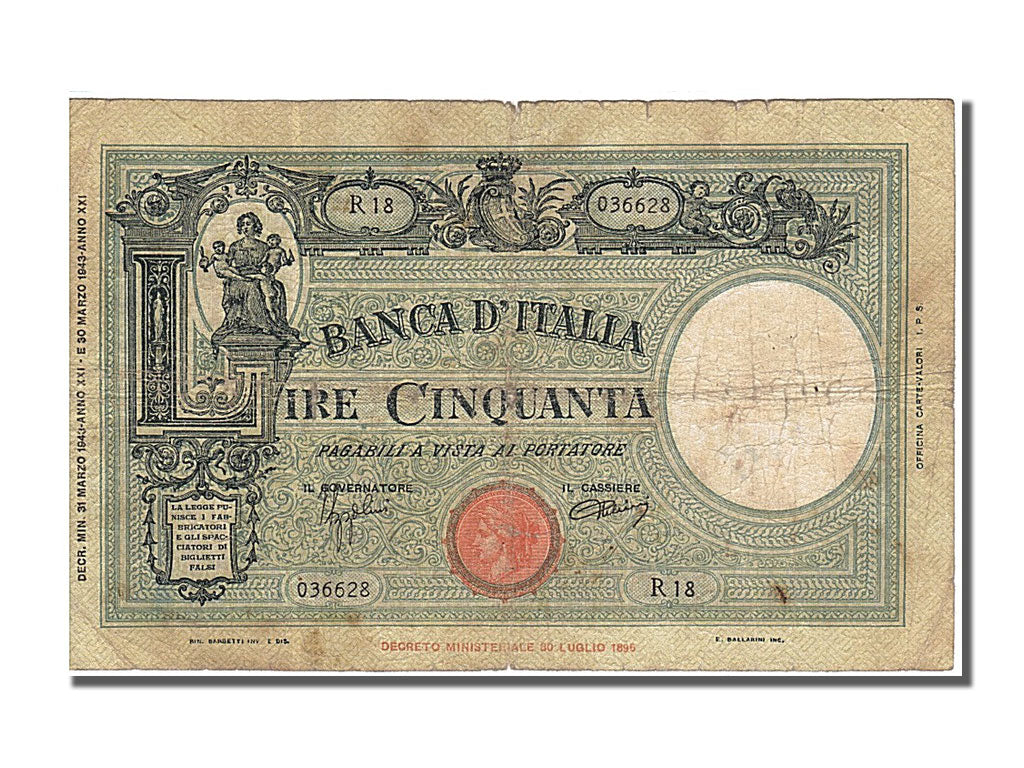 Italy, 50 Lire, 1943, KM #64, 1943-03-31, VF(30-35), R 18