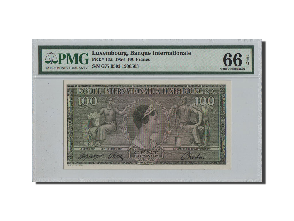 Luxembourg, 100 Francs, 1956, KM #13a, 1956-04-21, graded, PMG, UNC(65-70), G77